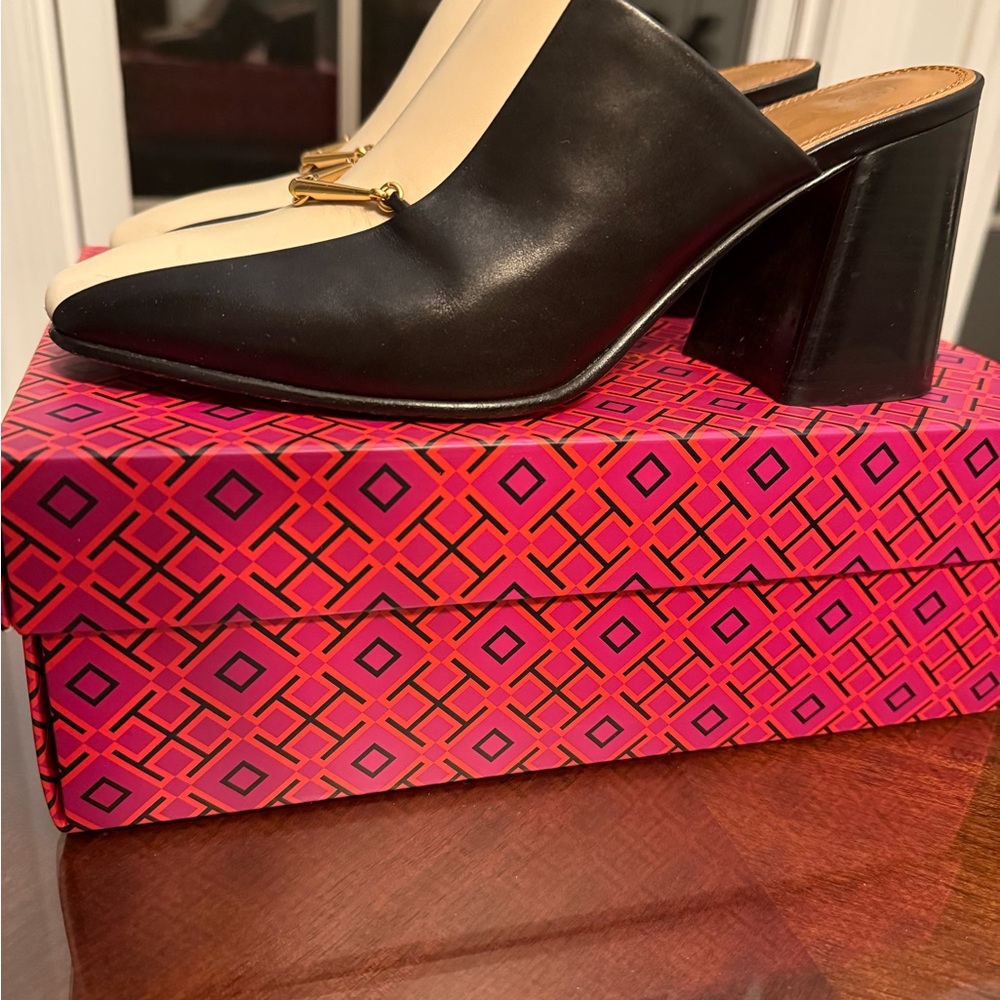 Tory Burch Black and Cream Leather Block Heel Mules